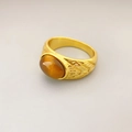 Französischer 18K vergoldeter Ring mit Tigerauge-Stein und Federrelief-Verzierung - US Größe 6 / Gold