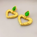 Vintage gold heart earrings with green pear-shaped gemstones and embossed texture - Gold
