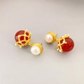 Elegant 925 silver lantern earrings with red agate and pearls in vintage gold filigree - Red