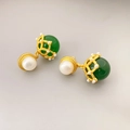 Elegant 925 silver lantern drop earrings with green agate and vintage gold filigree - Green