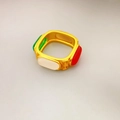 Square 18K gold plated ring with multicolored gemstone inlays and Greek key engraving - US 6 / Gold