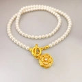 Elegant pearl necklace with gold OT toggle clasp and sparkling camellia flower pendant - Pearl Camellia Necklace