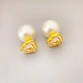 French vintage enamel camellia floral stud earrings with round white pearls - White