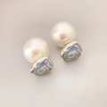 French vintage light blue enamel camellia flower pearl stud earrings in silver finish - Blue