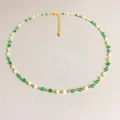 Minimalist green and white cube bead necklace with gold spacers and extension chain - Green Beaded Necklace (Approx. 39+5cm)