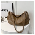 Minimalist dark brown PU leather tote bag with lychee texture and wide shoulder strap - Khaki Without Pendant