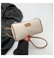 Borsa a cilindro retrò in pelle scamosciata beige con finiture in pelle marrone - Bianco