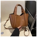 Detailed view of brown faux leather tote bag with vertical stitching and hand-held strap - Brown