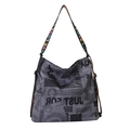Vintage newspaper print tote bag with colorful LOVE alphabet strap on white background - Gray