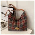 Borsa tote retrò in lana a quadri rossi e grigi con tracolla in pelle capiente - Rosso