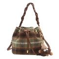 Secchiello retrò in lana a quadri con coulisse e simpatico ciondolo mostro in peluche - Stile Con Ciondolo / Verde