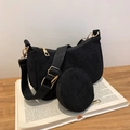 Bolso media luna de pana negra retro con un pequeño monedero redondo a juego - Negro