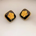 Vintage square stud earrings with black enamel and golden camellia flower center - Black