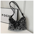 Fashionable black sequin crescent hobo shoulder bag with elegant knotted strap details - Silver