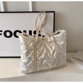 Chic silver quilted down tote bag with long off-white shoulder straps and metallic finish - Off White