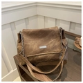 Detailed view of dark brown vintage PU tote with silver metal brand plate and chain strap - Brown