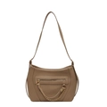 Deep beige pebble leather shoulder bag with gold chain zipper pocket and sleek strap - Khaki