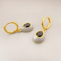 Elegant gold drop earrings with grey enamel and faceted black gemstone inlay - Grey/Black Zirconia