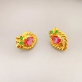 Golden insect-style earrings with pear-cut pink gems and green stones on a grey base - Gold