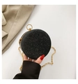 Elegant round black glitter clutch bag with gold ring closure and chain strap - Black
