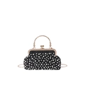 Vintage black pleated pearl handbag with gold metal ring handle and chain strap - Black