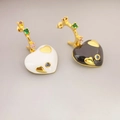 Enamel heart earrings with branch hooks and colorful zircons for a forest style - One Black One White