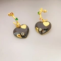 Vintage heart drop earrings with dark enamel, gold details and multi-color zircon stones - Black
