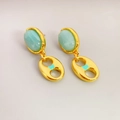 French style gold earrings with green aventurine and teal enamel pig nose pendants - Clip-on Earrings / Gold