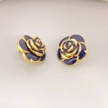 Vintage gold rose stud earrings with deep blue enamel petals for a stylish floral look - Blue