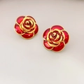 Vintage red camellia enamel flower earrings with gold edges and 925 silver needles - Red