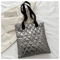 Chic metallic silver quilted tote bag with black straps and stylish diamond patterns - Gray