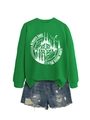 Détail du sweat vert avec imprimé boussole de forêt et mini-short en jean usé - S / Vert Herbe (Imprimé Blanc)