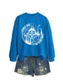 Close-up of royal blue sweatshirt with scenic route print and ripped denim shorts - Lake Blue (White Print)