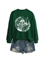 Detail of outdoor mountain graphic print on dark green crewneck sweatshirt and denim shorts - Dark Green (White Print)