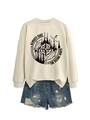 Detail of ivory sweatshirt with mountain print and distressed denim shorts on white background - Sand (Black Print)