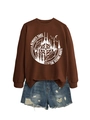 Detail of coffee sweatshirt with scenic route graphic and distressed denim shorts - Coffee (White Print)