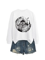Detail of white sweatshirt with scenic route graphic and distressed denim shorts set - White (Black Print)