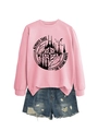 Detail of pink sweatshirt with scenic route graphic and distressed denim shorts set - Pink (Black Print)