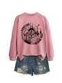 Detail of pink long sleeve sweatshirt with scenic route mountain print and denim shorts - Rose Gold (Black Print)
