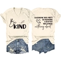 Detail of V-neck T-shirt with Be Kind print and ripped denim shorts summer outfit set - S / Sand