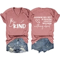 Flat lay of dusty rose V-neck tee with Be KIND print and inspirational text on back - S / Rose Gold