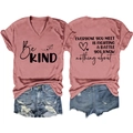 Detail of rose pink V-neck T-shirt with 'Be Kind' print and 'Everyone' back quote - S / Rose Gold