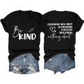 Front and back view of V-neck T-shirt with Be Kind print and ripped denim shorts set - S / Black