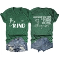 Front and back detail of V-neck T-shirt with 'Be KIND' and motivational quote print - S / Vintage Green