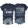 Detail of V-neck T-shirt with 'Be KIND' print and distressed denim shorts set - S / Navy Blue