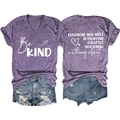 Front and back view of purple V-neck T-shirt with 'Be KIND' print and distressed denim shorts - S / Purple