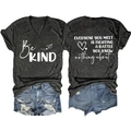Flat lay of gray V-neck T-shirt with Be KIND print and ripped denim shorts set - S / Black Heather Grey