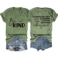 Flat lay of a green V-neck T-shirt with 'Be KIND' print and distressed denim shorts - S / Olive Green