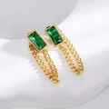 Emerald green rectangle earrings with gold tassel chains in a vintage luxury style - Emerald Zirconia Chain Stud Earrings (FE123)