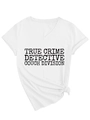 Close-up of V-neck white T-shirt with True Crime Detective Couch Division printed text - S / White
